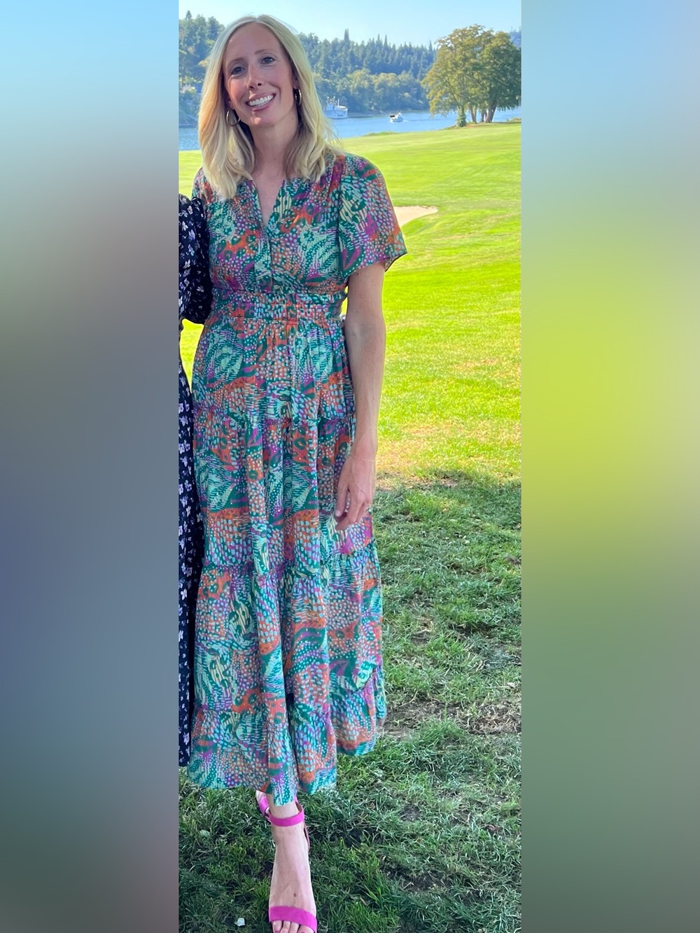 Printed V-Neck Maxi Dress in Teal, Pink & Orange